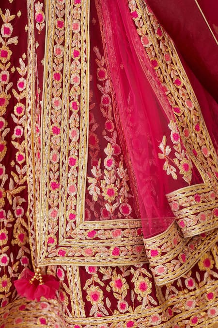 Shyam Narayan Prasad_Maroon Net, Brocade Silk Leaf Neck Embroidered Bridal Lehenga Set _at_Aza_Fashions