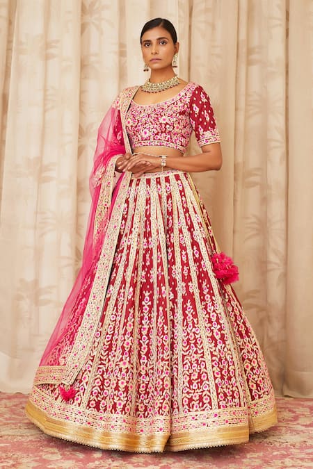 Shyam Narayan Prasad Maroon Brocade Silk Scoop Neck Embroidered Bridal Lehenga Set 