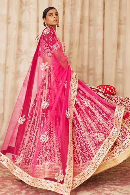 Buy_Shyam Narayan Prasad_Maroon Net, Brocade Silk Scoop Neck Embroidered Bridal Lehenga Set _Online_at_Aza_Fashions