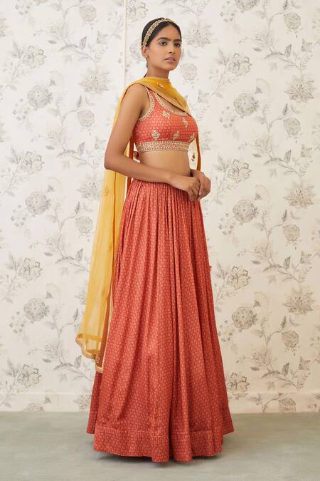 Shyam Narayan Prasad_Orange Net, Cotton Satin Scoop Neck Printed Lehenga Set  _Online_at_Aza_Fashions