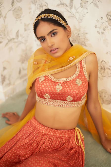 Shyam Narayan Prasad_Orange Net, Cotton Satin Scoop Neck Printed Lehenga Set  _at_Aza_Fashions