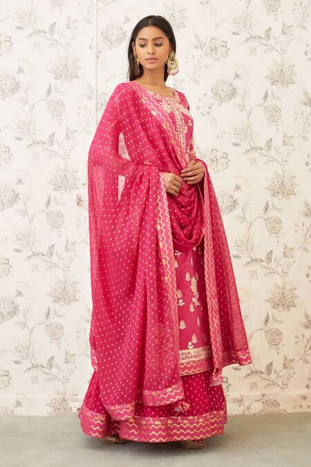 Shyam Narayan Prasad_Pink Chanderi Brocade Round Kurta Set _Online_at_Aza_Fashions