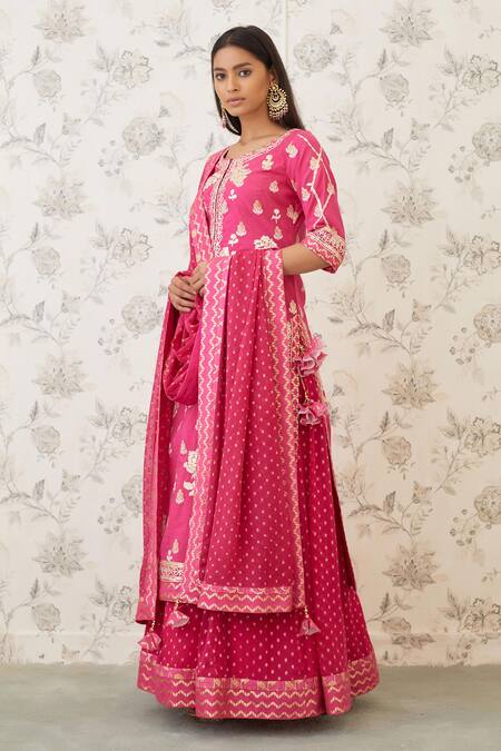 Buy_Shyam Narayan Prasad_Pink Chanderi Brocade Round Kurta Set _Online_at_Aza_Fashions