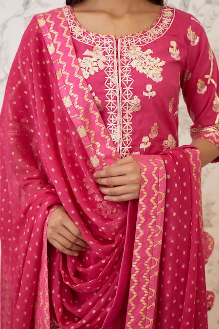 Shop_Shyam Narayan Prasad_Pink Chanderi Brocade Round Kurta Set _Online_at_Aza_Fashions