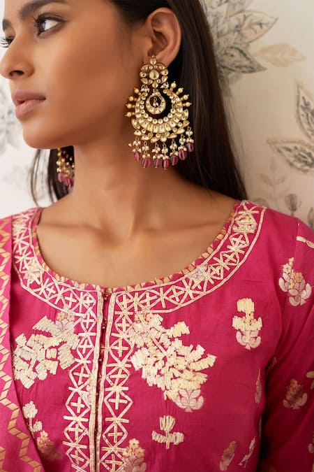 Shyam Narayan Prasad_Pink Chanderi Brocade Round Kurta Set _at_Aza_Fashions