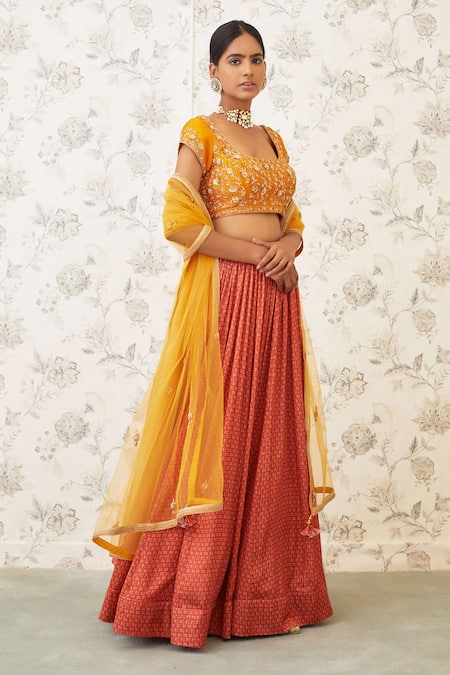 Shyam Narayan Prasad_Orange Raw Silk, Net, Cotton Satin Scoop Neck Printed Lehenga Set  _Online_at_Aza_Fashions