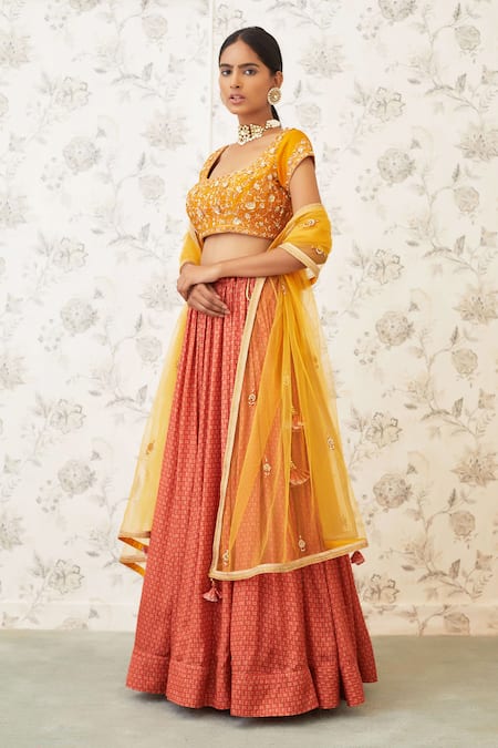 Buy_Shyam Narayan Prasad_Orange Raw Silk, Net, Cotton Satin Scoop Neck Printed Lehenga Set  _Online_at_Aza_Fashions