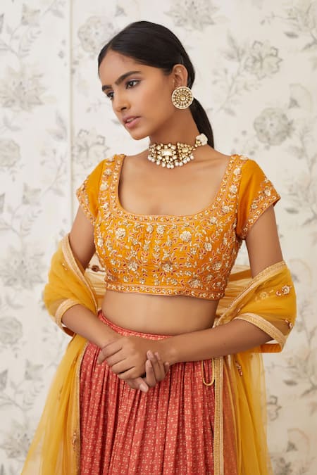 Shop_Shyam Narayan Prasad_Orange Raw Silk, Net, Cotton Satin Scoop Neck Printed Lehenga Set  _Online_at_Aza_Fashions