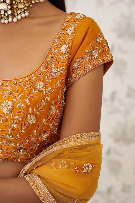 Shyam Narayan Prasad_Orange Raw Silk, Net, Cotton Satin Scoop Neck Printed Lehenga Set  _at_Aza_Fashions