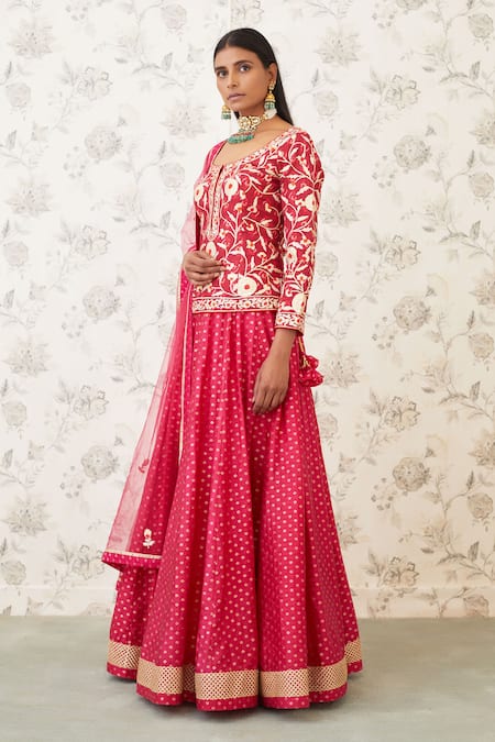 Buy_Shyam Narayan Prasad_Pink Net, Viscose Silk Scoop Neck Embroidered Kurta Lehenga Set  _Online_at_Aza_Fashions