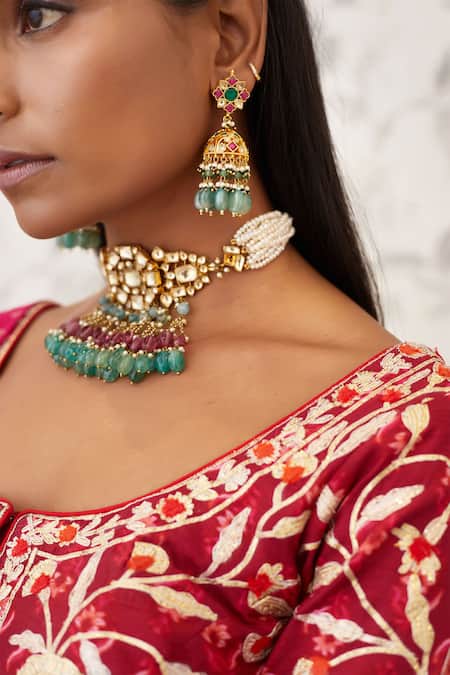 Shop_Shyam Narayan Prasad_Pink Net, Viscose Silk Scoop Neck Embroidered Kurta Lehenga Set  _Online_at_Aza_Fashions