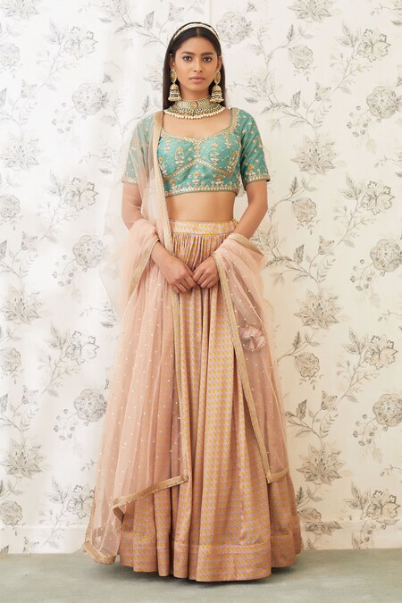 Shyam Narayan Prasad Beige Cotton Satin V Neck Printed Lehenga Set 