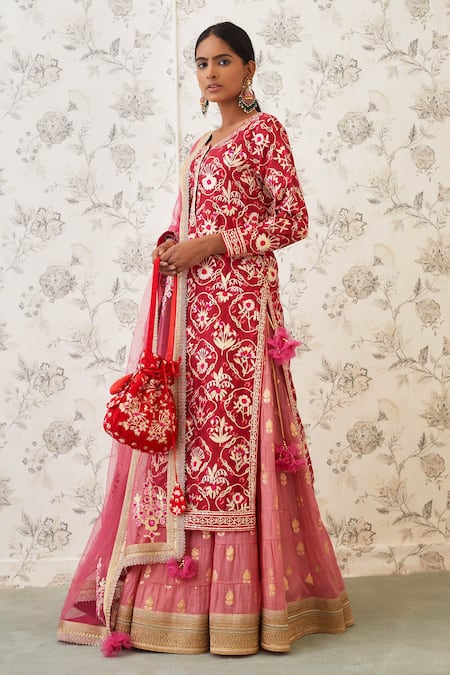 Buy_Shyam Narayan Prasad_Pink Net, Chanderi Brocade, Viscose Silk Round Kurta Lehenga Set _Online_at_Aza_Fashions