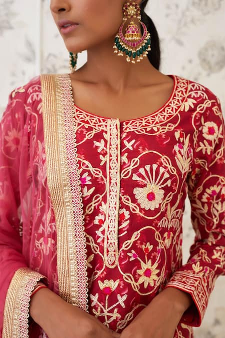 Shyam Narayan Prasad_Pink Net, Chanderi Brocade, Viscose Silk Round Kurta Lehenga Set _at_Aza_Fashions