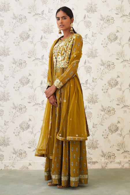 Shop Shyam Narayan Prasad Green Satin Georgette Round Printed Anarkali Set Online at Aza Fashions Shop_Shyam Narayan Prasad_Green Satin Georgette Round Printed Anarkali Set _Online_at_Aza_Fashions
