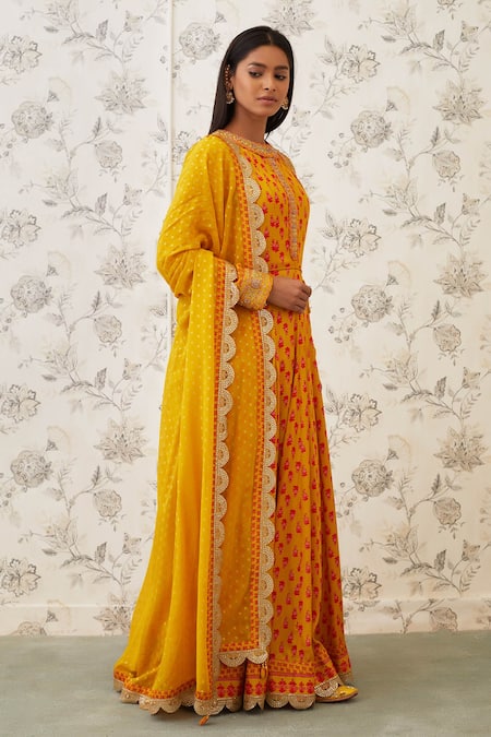 Shyam Narayan Prasad Orange Viscose Silk Mandarin Collar Printed Anarkali Set Online at Aza Fashions Shyam Narayan Prasad_Orange Viscose Silk Mandarin Collar Printed Anarkali Set _Online_at_Aza_Fashions