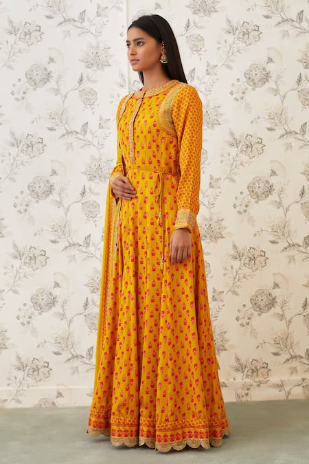 Buy Shyam Narayan Prasad Orange Viscose Silk Mandarin Collar Printed Anarkali Set Online at Aza Fashions Buy_Shyam Narayan Prasad_Orange Viscose Silk Mandarin Collar Printed Anarkali Set _Online_at_Aza_Fashions