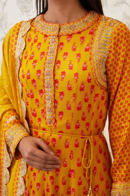 Shop Shyam Narayan Prasad Orange Viscose Silk Mandarin Collar Printed Anarkali Set Online at Aza Fashions Shop_Shyam Narayan Prasad_Orange Viscose Silk Mandarin Collar Printed Anarkali Set _Online_at_Aza_Fashions