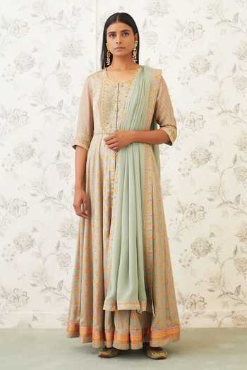 Shyam Narayan Prasad_Green Cotton Satin, Viscose Silk Round Printed Anarkali Set  _Online_at_Aza_Fashions