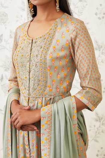 Shop_Shyam Narayan Prasad_Green Cotton Satin, Viscose Silk Round Printed Anarkali Set  _Online_at_Aza_Fashions