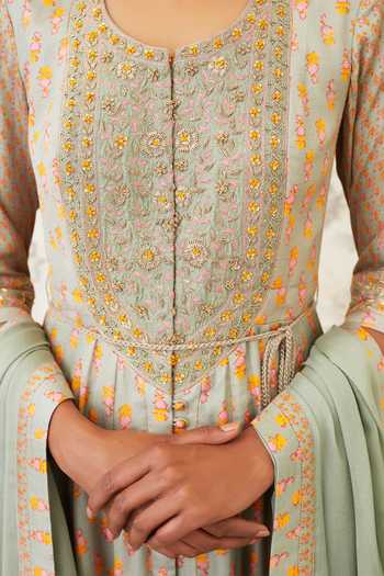 Shyam Narayan Prasad_Green Cotton Satin, Viscose Silk Round Printed Anarkali Set  _at_Aza_Fashions