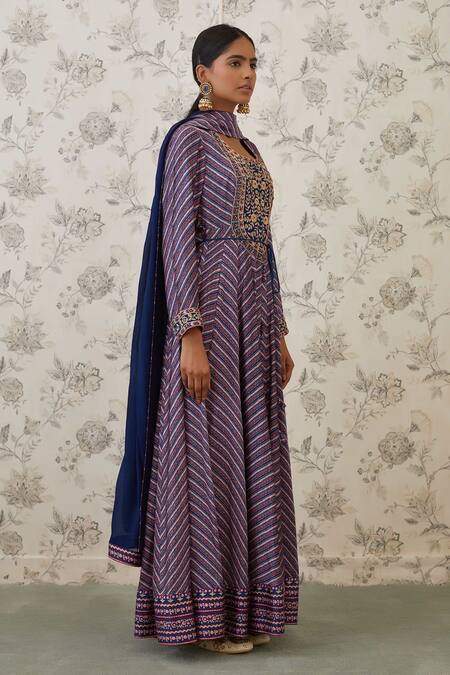 Shyam Narayan Prasad_Blue Cotton Satin, Flat Chiffon, Viscose Silk Round Printed Anarkali Set  _Online_at_Aza_Fashions