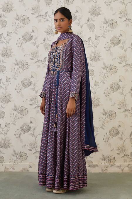 Buy_Shyam Narayan Prasad_Blue Cotton Satin, Flat Chiffon, Viscose Silk Round Printed Anarkali Set  _Online_at_Aza_Fashions