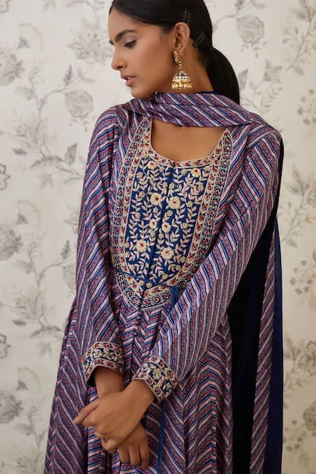 Shop_Shyam Narayan Prasad_Blue Cotton Satin, Flat Chiffon, Viscose Silk Round Printed Anarkali Set  _Online_at_Aza_Fashions