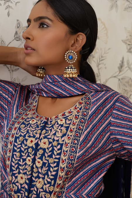 Shyam Narayan Prasad_Blue Cotton Satin, Flat Chiffon, Viscose Silk Round Printed Anarkali Set  _at_Aza_Fashions