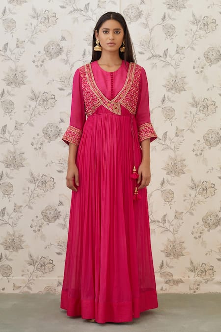 Buy_Shyam Narayan Prasad_Pink Raw Silk, Twill, Viscose Chinnon Round Embroidered Angarkha And Pant Set  _Online_at_Aza_Fashions