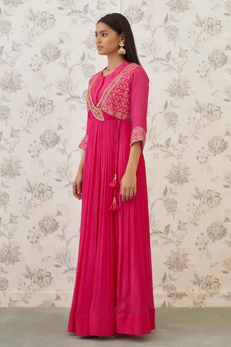Shop_Shyam Narayan Prasad_Pink Raw Silk, Twill, Viscose Chinnon Round Embroidered Angarkha And Pant Set  _Online_at_Aza_Fashions