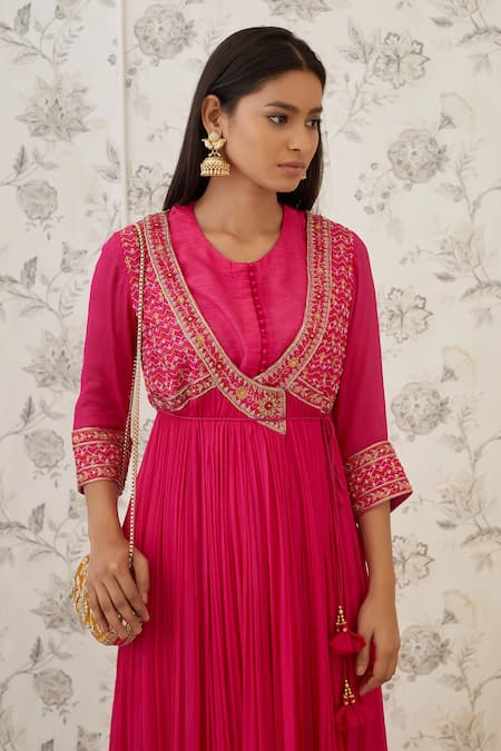 Shyam Narayan Prasad_Pink Raw Silk, Twill, Viscose Chinnon Round Embroidered Angarkha And Pant Set  _at_Aza_Fashions