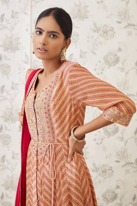 Shop Shyam Narayan Prasad Orange Viscose Silk Round Printed Anarkali Set Online at Aza Fashions Shop_Shyam Narayan Prasad_Orange Viscose Silk Round Printed Anarkali Set _Online_at_Aza_Fashions