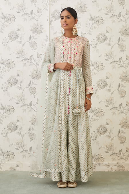 Buy Shyam Narayan Prasad Green Viscose Silk Round Printed Anarkali Set Online at Aza Fashions Buy_Shyam Narayan Prasad_Green Viscose Silk Round Printed Anarkali Set _Online_at_Aza_Fashions