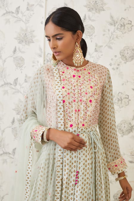Shop Shyam Narayan Prasad Green Viscose Silk Round Printed Anarkali Set Online at Aza Fashions Shop_Shyam Narayan Prasad_Green Viscose Silk Round Printed Anarkali Set _Online_at_Aza_Fashions