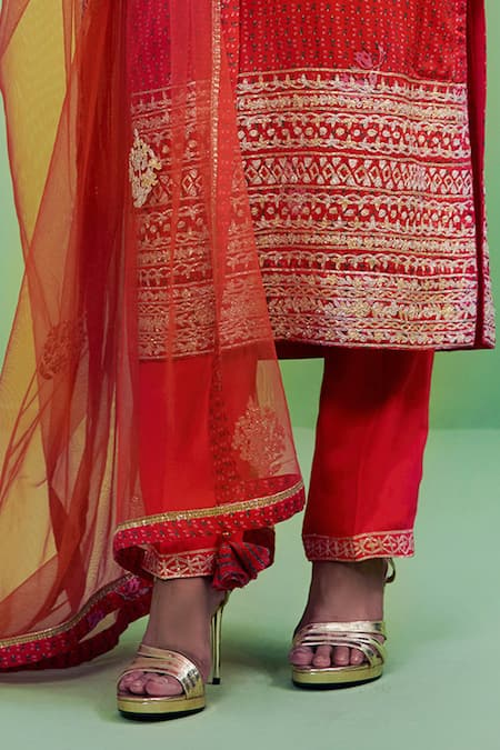 Buy_Shyam Narayan Prasad_Orange Cotton Satin Embroidery Round Gota Kurta Set _Online_at_Aza_Fashions