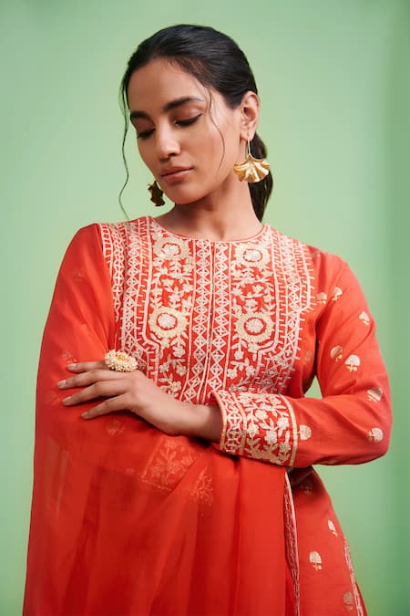 Buy_Shyam Narayan Prasad_Red , Viscose Organza, Brocade Round Gota Embroidered Kurta Set _Online_at_Aza_Fashions