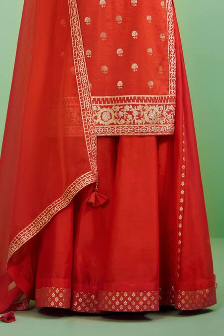 Shop_Shyam Narayan Prasad_Red , Viscose Organza, Brocade Round Gota Embroidered Kurta Set _Online_at_Aza_Fashions