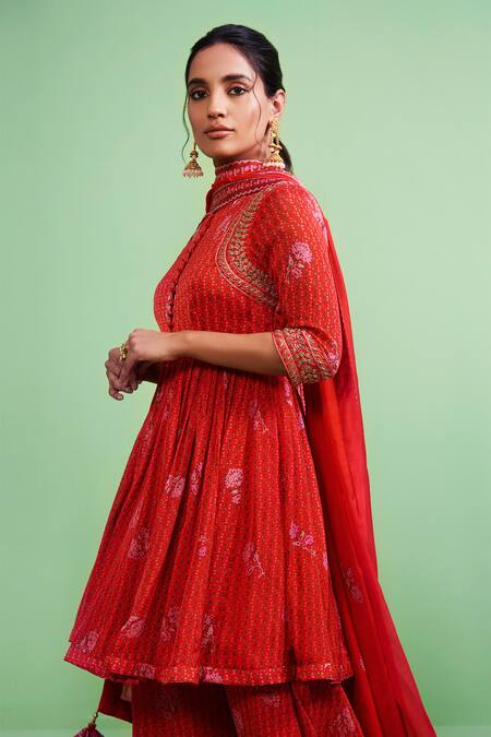 Shyam Narayan Prasad_Orange Cotton Satin, Flat Chiffon Round Floral Print Anarkali Set _Online_at_Aza_Fashions