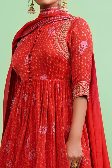 Buy_Shyam Narayan Prasad_Orange Cotton Satin, Flat Chiffon Round Floral Print Anarkali Set _Online_at_Aza_Fashions