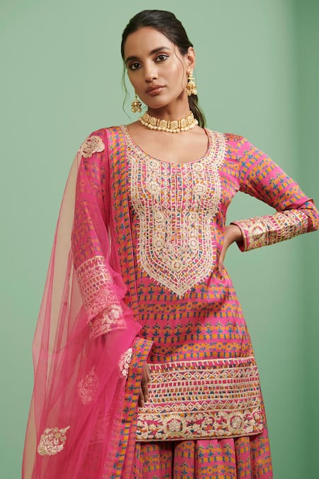 Shyam Narayan Prasad Pink Satin, Net Lining Round Printed Kurta Sharara Set Online at Aza Fashions Shyam Narayan Prasad_Pink Satin, Net Lining Round Printed Kurta Sharara Set _Online_at_Aza_Fashions