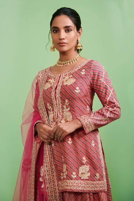 Shyam Narayan Prasad_Pink Viscose Silk Printed Round Gota Embroidered Kurta Set _Online_at_Aza_Fashions