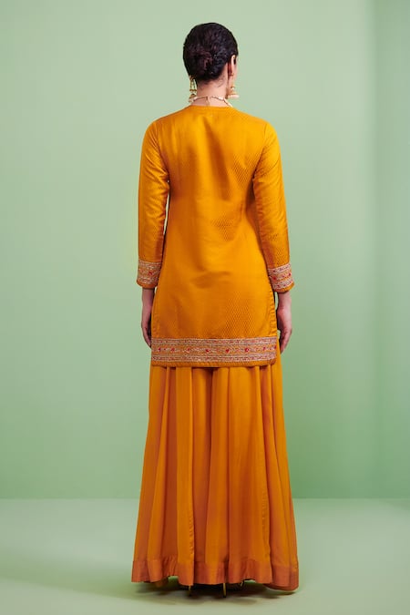 Shop Shyam Narayan Prasad Yellow Organza Lining Cotton, Silk Brocade, Embroidered Kurta Sharara Set at Aza Fashions Shop_Shyam Narayan Prasad_Yellow Organza Lining Cotton, Silk Brocade, Embroidered Kurta Sharara Set _at_Aza_Fashions