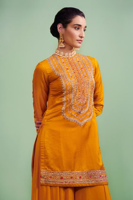 Shyam Narayan Prasad Yellow Organza Lining Cotton, Silk Brocade, Embroidered Kurta Sharara Set Online at Aza Fashions Shyam Narayan Prasad_Yellow Organza Lining Cotton, Silk Brocade, Embroidered Kurta Sharara Set _Online_at_Aza_Fashions