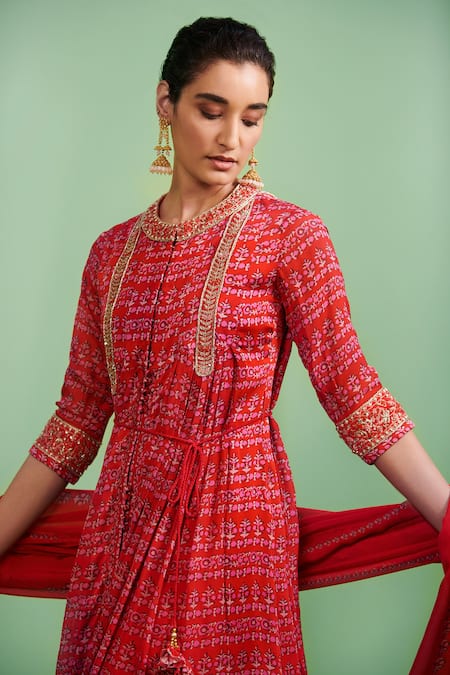 Shyam Narayan Prasad_Red Cotton Satin Embroidery Round Printed Anarkali Set _Online_at_Aza_Fashions