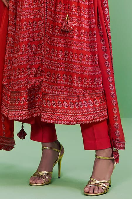 Buy_Shyam Narayan Prasad_Red Cotton Satin Embroidery Round Printed Anarkali Set _Online_at_Aza_Fashions