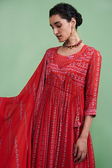 Shyam Narayan Prasad_Red Cotton Satin Embroidery Round Printed Angarkha Set _Online_at_Aza_Fashions