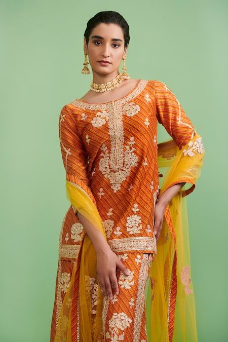 Shyam Narayan Prasad_Orange Chanderi, Net Lining Cotton Round Kurta Sharara Set _Online_at_Aza_Fashions