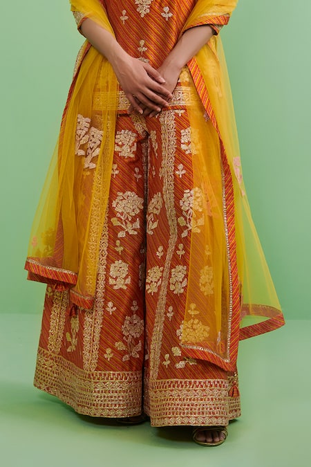 Buy_Shyam Narayan Prasad_Orange Chanderi, Net Lining Cotton Round Kurta Sharara Set _Online_at_Aza_Fashions