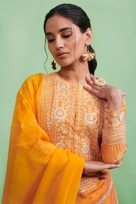 Shyam Narayan Prasad_Orange Chanderi Embroidery Round Gota Kurta Set _Online_at_Aza_Fashions